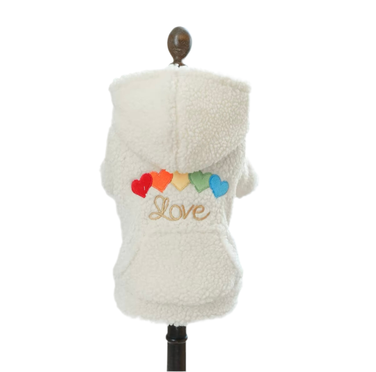 A white cozy sweater for pets displayed on a mannequin, featuring a colorful heart pattern with the word 'Love' on the back.