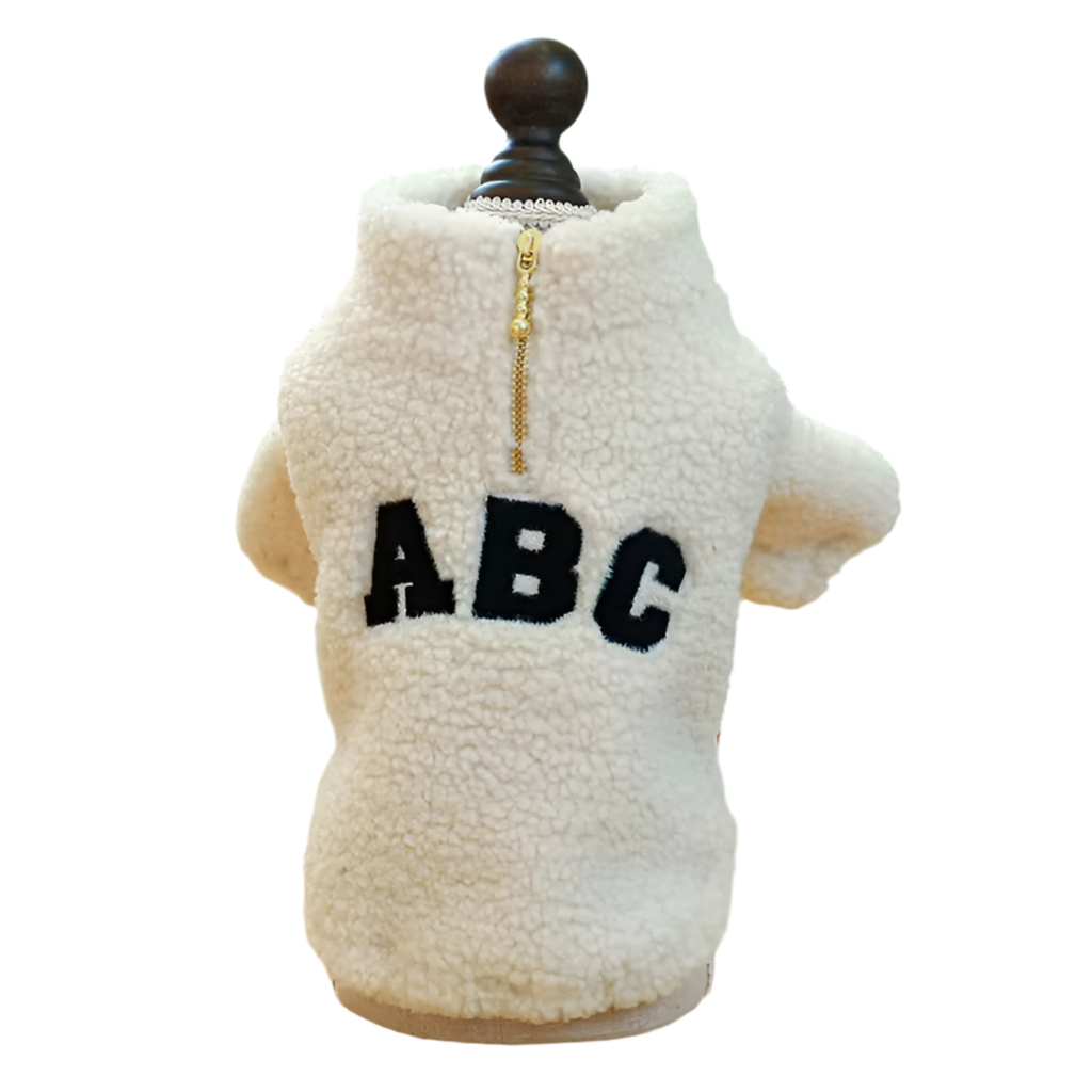 A pet hoodie with 'ABC' lettering on the back, displayed on a mannequin.