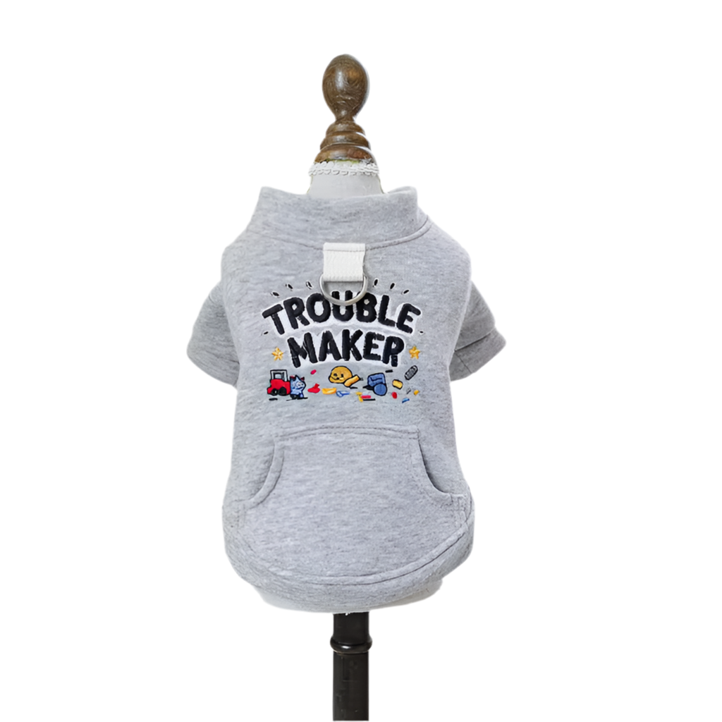 A gray hoodie with the text 'TROUBLE MAKER' printed on the front, displayed on a mannequin.