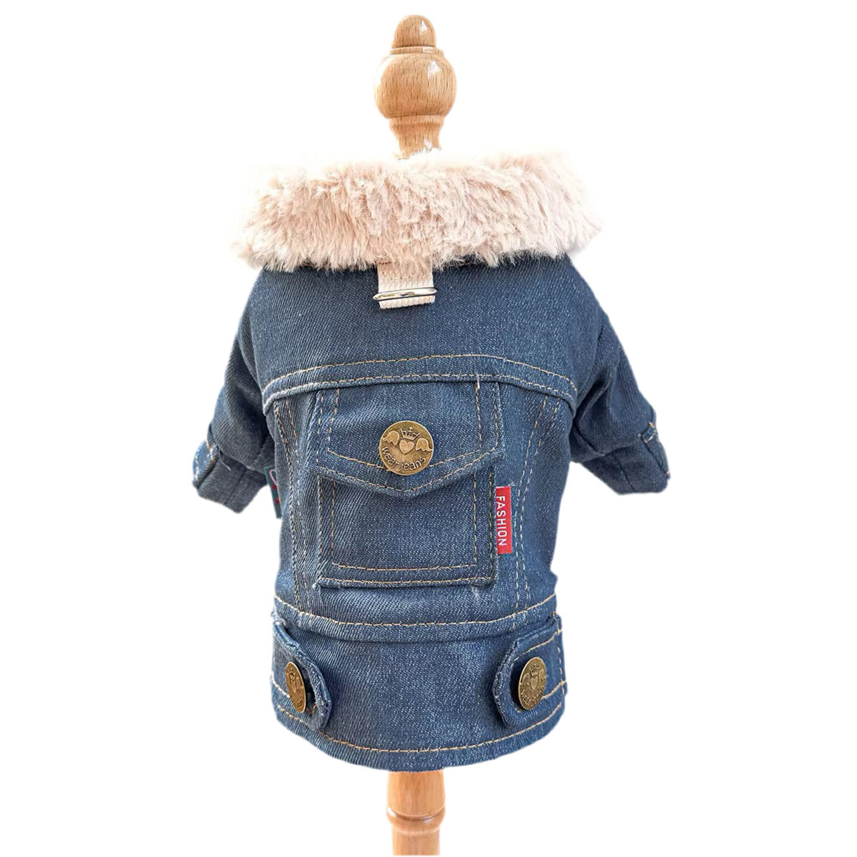 A denim lined jacket for pets, with a fluffy collar, displayed on a mannequin.