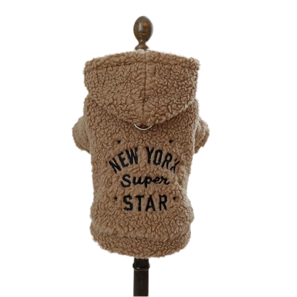 A brown teddy bear hoodie with 'NEW YORK Superstar' printed on the back, displayed on a mannequin.