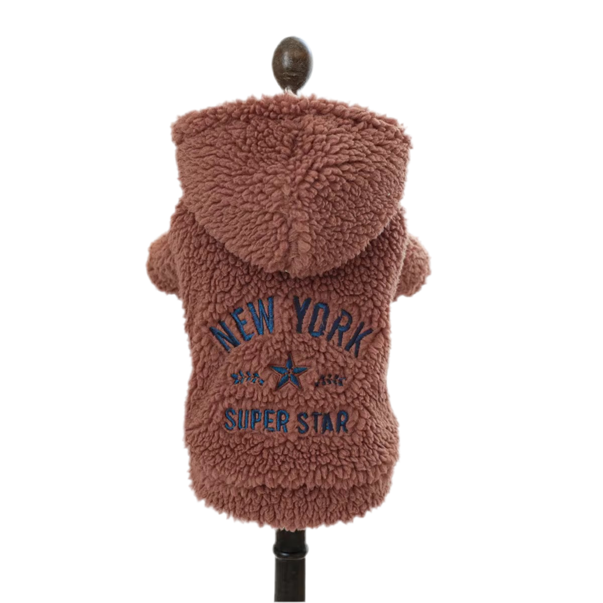 A brown hoodie for pets with 'NEW YORK SUPER STAR' printed on the back, displayed on a mannequin.