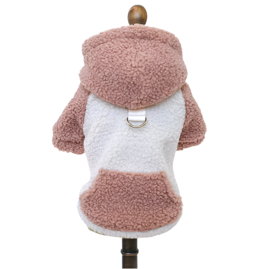 A blush bear hoodie for pets, with a soft pink exterior and white interior, displayed on a mannequin.