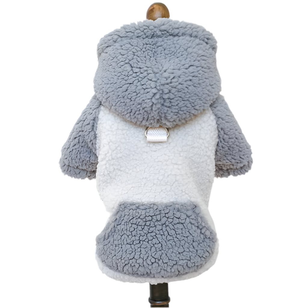 A plush blue and gray bear-shaped pet hoodie with a ring attachment at the top.