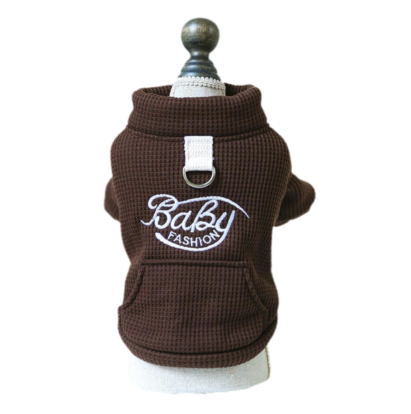 A brown baby fashion sweater with a half zip and a label that reads 'Baby Fashion' displayed on a mannequin.