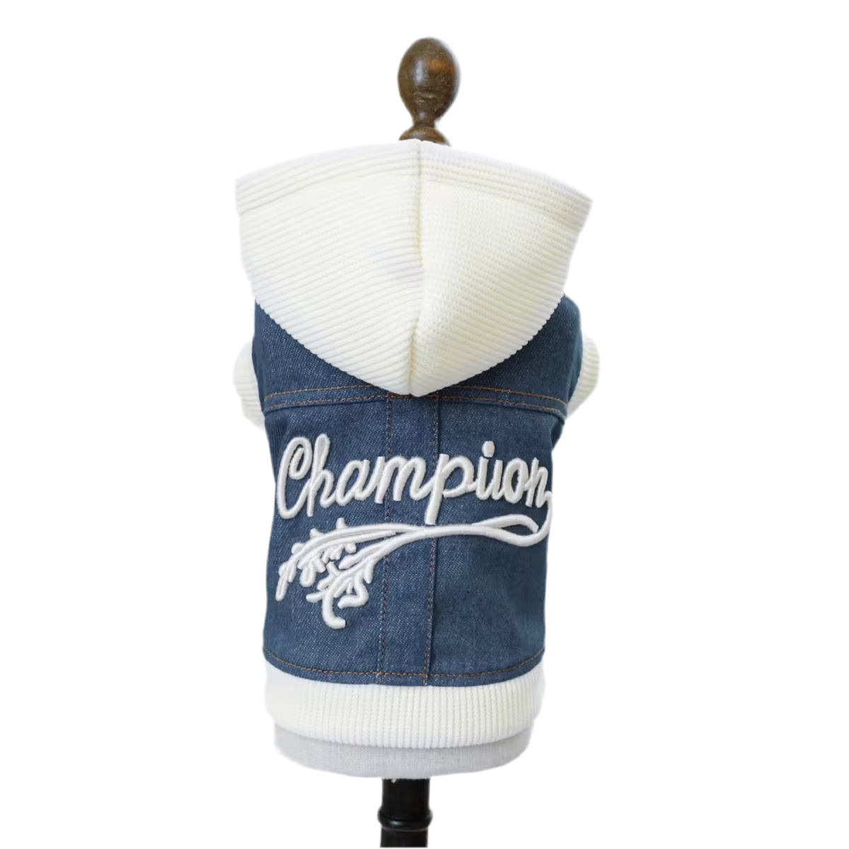 A denim hoodie with 'Champion' written across the back in white lettering, displayed on a mannequin.